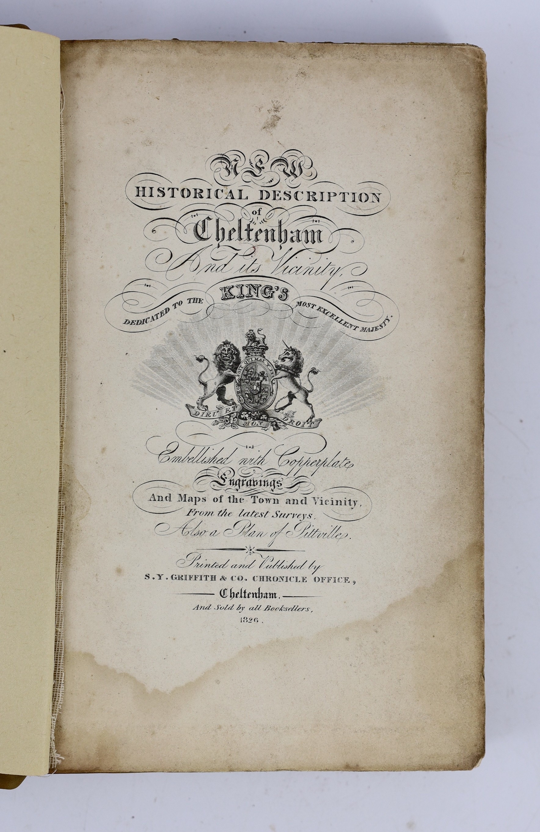 GLOUCS: The New Guide to Cheltenham...the Virtues and Qualities of its Mineral Waters...together with a Sketch of the Surrounding Country... folded map and 4 plates (2 folded); contemp. half calf and marbled boards, 12mo